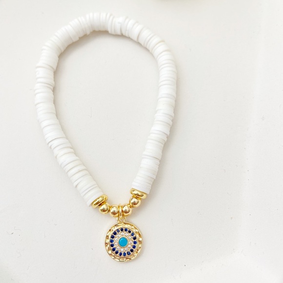 Trendy Evil Eye White Heishi Beaded Bracelet 🧿✨ - Picture 3 of 3